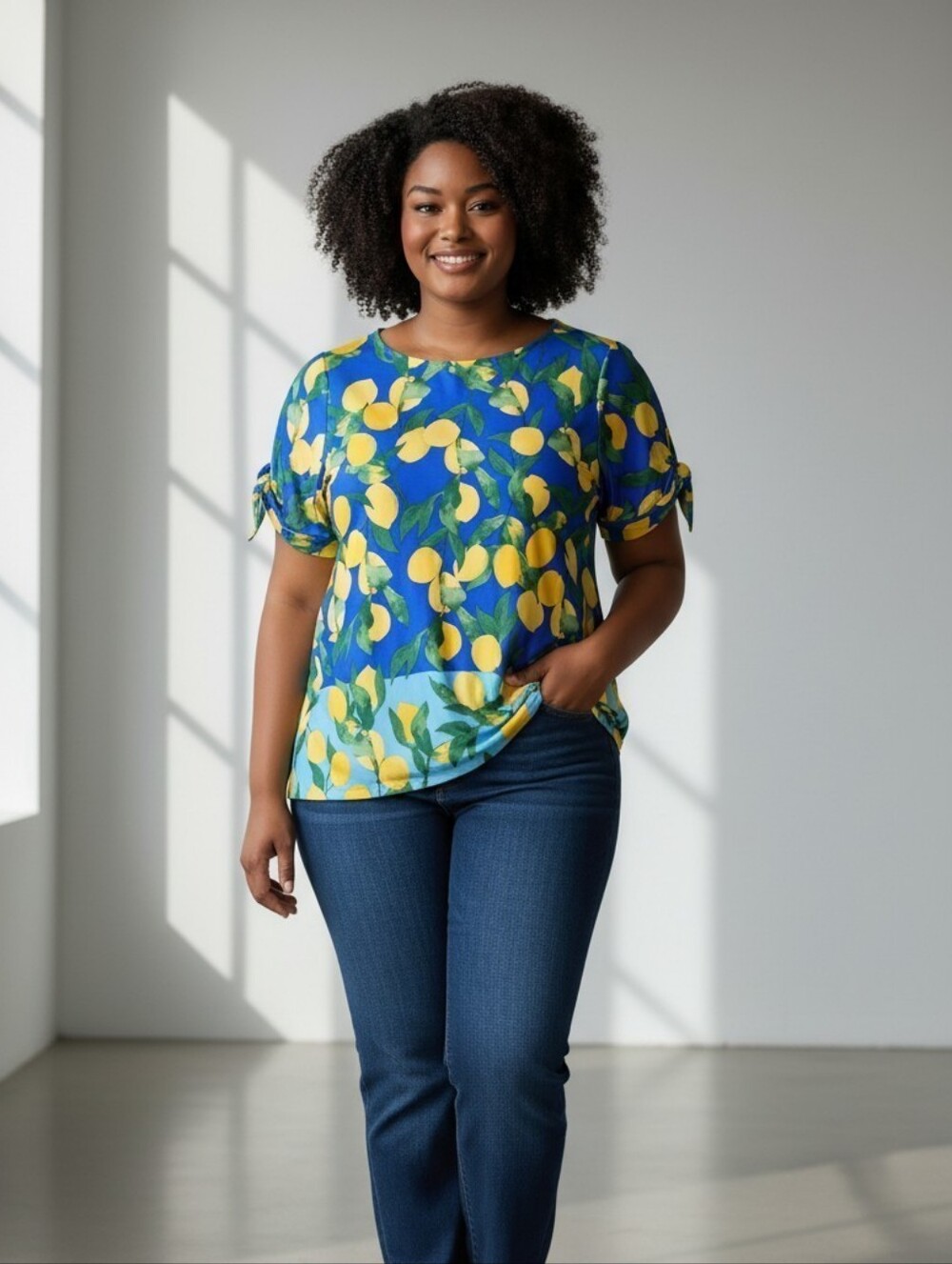 Ruby Rd. Blue & Yellow Lemon-Print Short-Sleeve Blouse